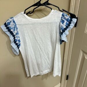 White and Blue Floral Sleeve Women's Top